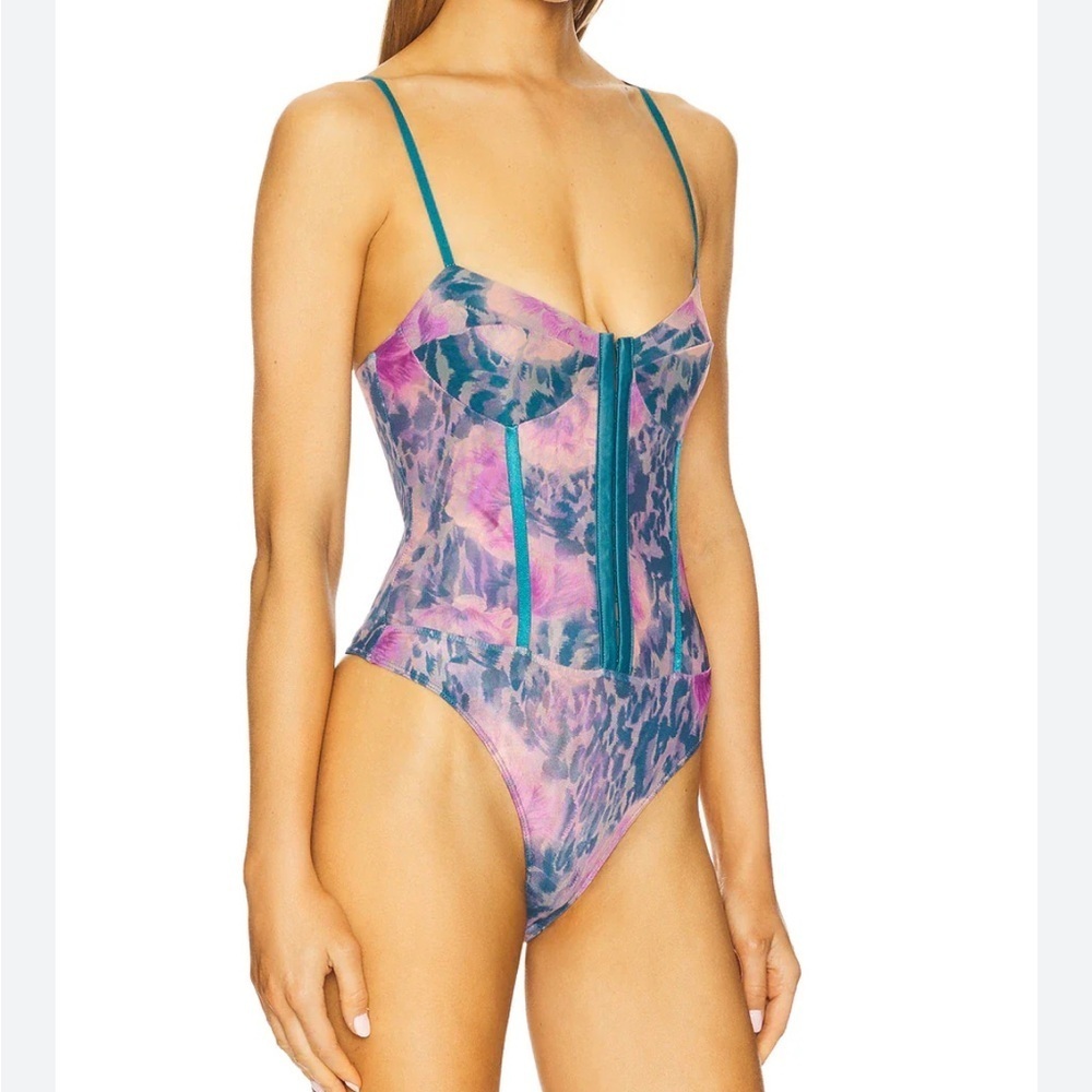 Free People Floral Bodysuit in Blue and Purple Deep Lagoon Combo | L - Picture 2 of 7